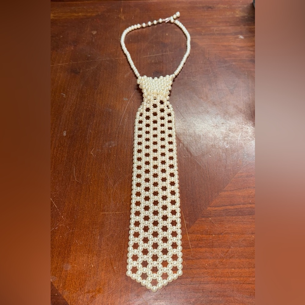 Vintage Faux Pearl Necktie Necklace Stamped Hong Kong